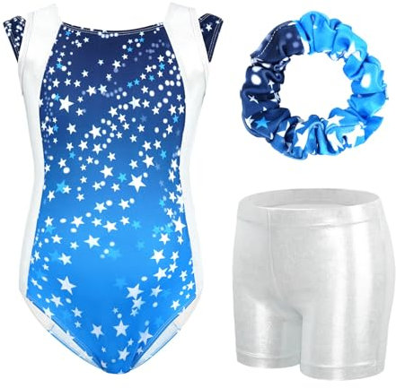 Gogokids Mädchen Dreiteiliges Gymnastikset, ärmellose Trikots mit Shorts und Haarband, glitzernde Balletttanz-Unitards - Gymnastik-Outfit mit Farbverlauf-Design für 3-12 Jahre