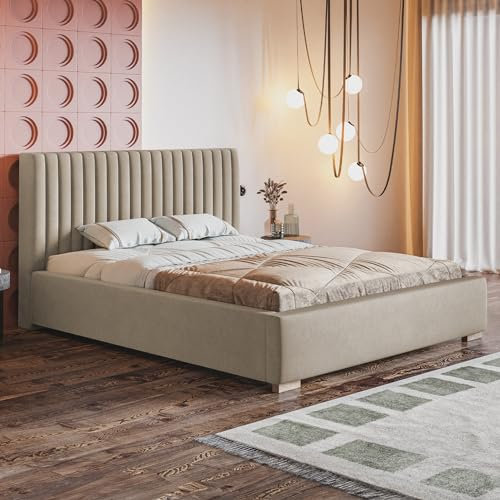 MOTIVENA Palermo Bett 120x200 Beige Samt, mit Stauraum, mit Kopfteil, mit Lattenrost, mit Füßen, ohne Matratze, Polsterbett 120x200 mit Bettkasten Beige