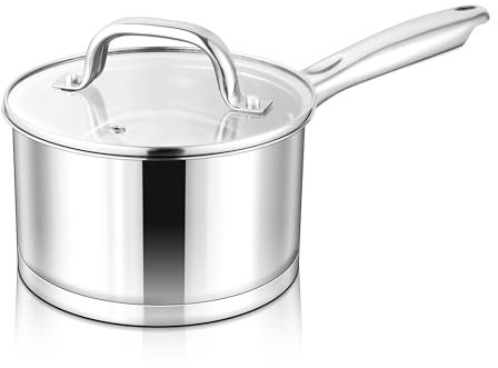 Herogo Cacerola de acero inoxidable de 16 cm con tapa, olla de inducción de 2 cuartos con mango ergonómico, apta para todas las estufas de cocina, resistente y fácil de limpiar, 1,7 L
