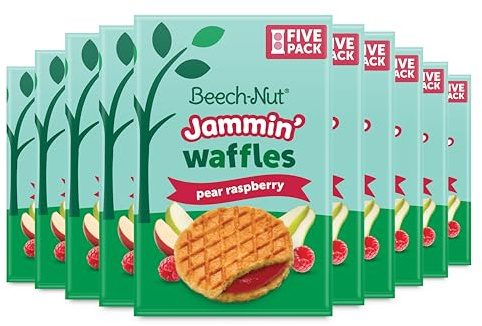 Beech-Nut Toddler Snacks Jammin' Waffles with Fruit Filling for Babies & Toddlers Pear Raspberry 10 Boxes (50 Individually Wrapped Packs)