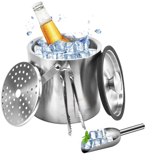 SLTAXAR Secchiello Ghiaccio Capacità 3L Portaghiaccio con Coperchio Filtro Contenitore per Ghiaccio in Acciaio Inossidabile con 1 Pinza per Ghiaccio + 1 Pala