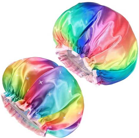 MUNSKT 2 cuffie da doccia grandi per capelli lunghi, 32 cm, colorate, per ragazze e donne, cuffie da bagno elastiche riutilizzabili per ragazze, spa, uso domestico