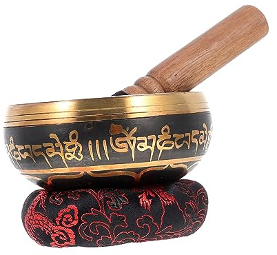 ULDIGI Cuenco Tibetano de Meditación Hecho a Mano 8,5 Cm Tapete y Mazo de Madera para Yoga y Relajación, Set de 3 Piezas Tradicional para Sanación y Alivio del Estrés Color Aleatorio