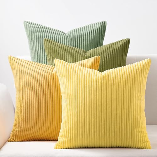 Topfinel Yellow and Green Cushion Covers 45 x 45cm for Living Room, Autumn Cushion Covers Corduroy Scatter Decorative Cushions For Bedroom Set of 4 fluffy Cushion Cover 18x18