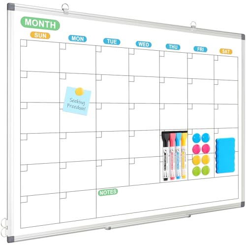 WALGLASS Dry Erase Calendar Whiteboard for Wall, 36 x 24 Double-Sided Monthly Calendar White Board with Silver Aluminum Frame, Hanging or Wall Mount Large Whiteboard for Home, Office, School