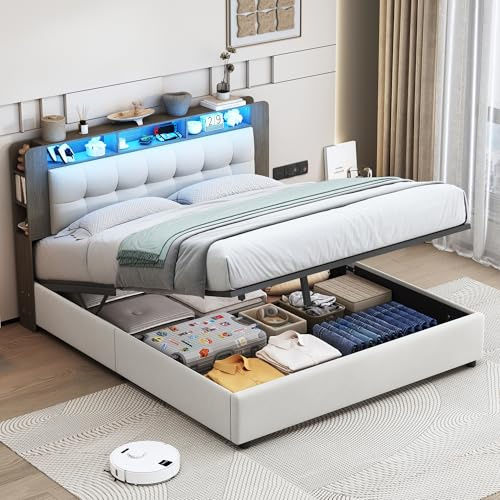 Letto imbottito con letto a due piazze idraulico con contenitore Led, letto a due piazze con contenitore Boxspring (colore crema, 140 x 200)