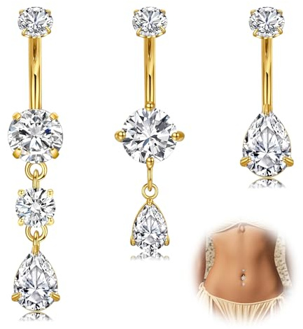WillTen 3Pcs Belly Button Bars 14G Stainless Steel Belly Bars, 10mm Gold Dangly Navel Rings Belly Button Piercing for Women, Clear CZ Teardrop Dangling Belly Button Jewelry for Summer Beach