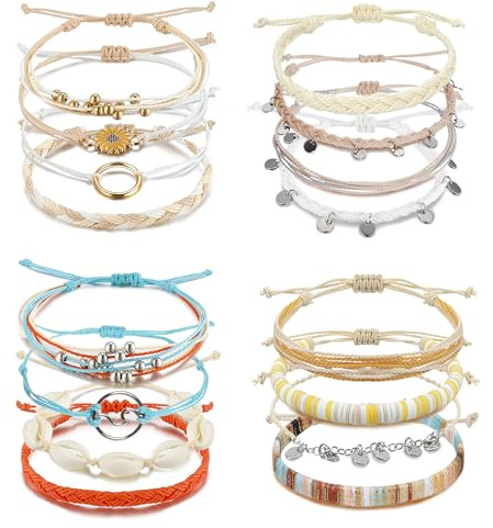 FEYIR 16 Pcs Boho Surfer Bracelet Adjustable Ocean Wave String Bracelets Handmade Waterproof Summer Braided Rope Beach Bracelet Anklet for Women