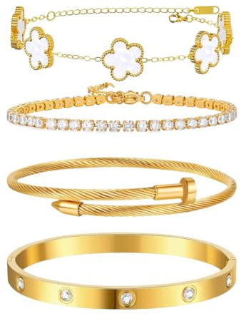 4 Pièces Bracelet Trèfle Femme 18K Plaqué Or Réglable Bracelets en Acier Inoxydable Trèfle à Quatre Feuilles Tennis Bracelet Set avec Zirconia Empilable Chanceux Bijoux pour Femme Filles (Blanc)