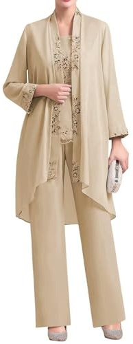 3 Piece Chiffon Mother of The Bride Pant Suits Elegant Lace Applique Formal Evening Wedding Guest Outfit with Jacket Champagne