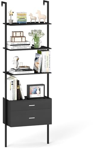 GOPLUS Estantería Escalera con Almacenamiento, Librería de Pared con 4 Estantes Abiertos y 2 Cajones, Estante de Exhibición Industrial para Oficina en Casa, Sala de Estar, Sala de Estudio (Negro)