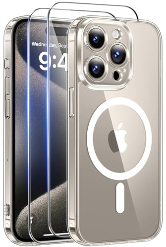 Qasyfanc Clara Magnética Funda para iPhone 15 Pro Compatible con MagSafe con 2 Protector Pantalla, Protección De Cámara Protectora Anti-Amarillo TPU Bumper Carcasa iPhone 15 Pro,Transparent