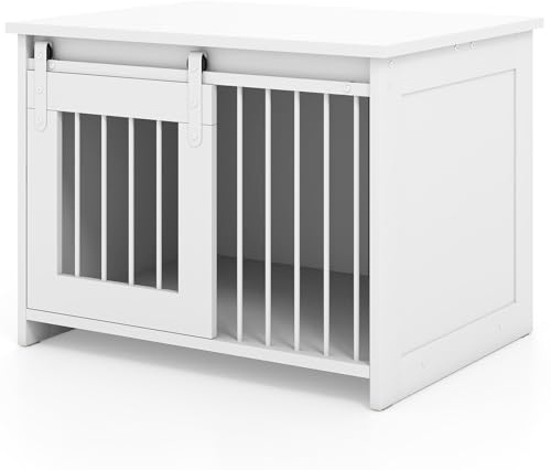 GYMAX Cage pour Chien en Bois, Niche Intérieur avec Porte Coulissante, Large Plateau Supérieur, Meuble Abri pour Petits et Moyens Animaux Jusqu'à 30 kg, 80 x 60 x 60 cm (Blanc)