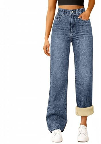 cdbsdvico Jean Doublé Polaire Femme Taille Haute Stretch Pantalon en Denim Thermique Jeans Hiver Chaud à Jambes Larges Jean Fourré Femme Coupe Ample Grande Taille Décontracté Trousers