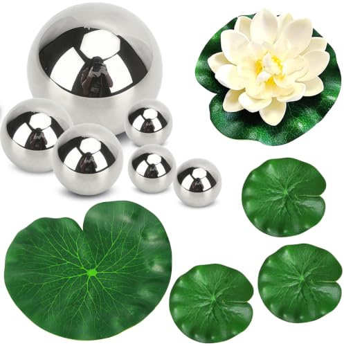 QIMMU Miniteich Deko Set,Teich Deko Schwimmend,Teichkugeln Schwimmend,Teich Dekoration,Mit 6 schwimmkugeln Silber,4 Schwimmend Lotusblätter,Ideal für Gartenteich,Springbrunnen oder Wasserschalen