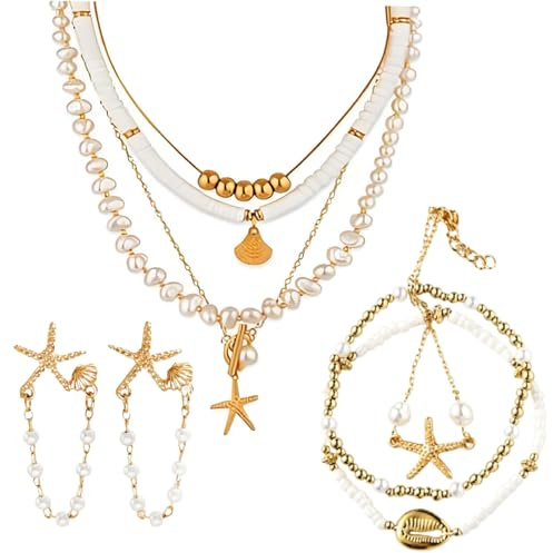 aieieii 3 Pcs Shell Jewellery Set, Holiday Jewellery for Women, Shell Necklace for Women Starfish Necklace Bracelet and Earrings, Suitable for Women's Beach Vacations Outings and Gatherings