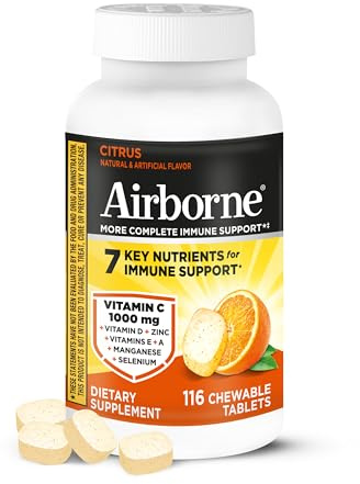 Airborne 1000mg Vitamin C + Zinc Immune Support Supplement Chewable Tablets, Citrus Flavor with Powerful Antioxidants Vitamins A C & E, 116 Chewable Tablets