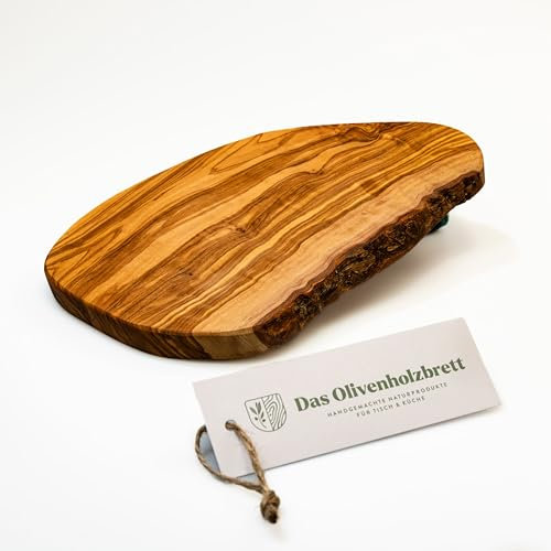 DAS OLIVENHOLZBRETT® Schneidebrett Olivenholz, / Frühstücksbrett aus Olivenholz/Brotzeitbrett aus Holz, der naturbelassene Rand ist meistens mit ein wenig Rinde, kann aber auch ohne sein, 25 cm