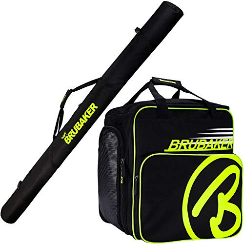 BRUBAKER Combo Set XC Touring Champion - Cross-Country Ski Bag and Ski Boot Bag for 1 Pair of Skis + Poles + Boots + Helmet - Black/Neon Yellow - 82 3/4 Inches / 210 Cm