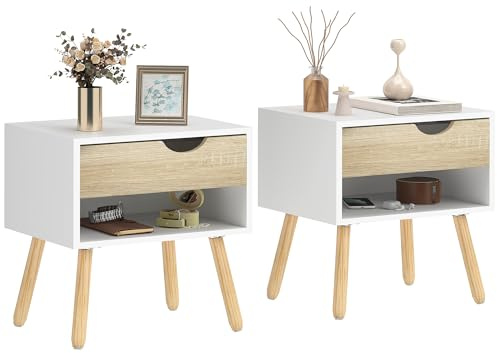 HOMCOM Set de 2 Mesitas de Noche Mesa Auxiliar Mesillas de Noche con Cajón y Estante de Almacenamiento para Dormitorio Salón Cama Oficina Estilo Moderno 50x39x51 cm Blanco y Roble