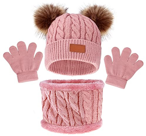 baotongle Kinder Wintermütze Schal Doppel Pompon Strickmützen Herbst Winter Mütze Loop Schal Set Mädchen Wintermütze Beanie Set für Kinder Dunkelpink