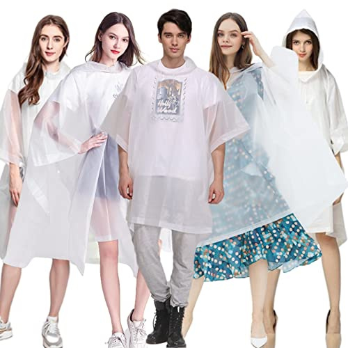 YUNLOVXEE Rain Poncho Raincoats for Adults Reusable - 2-5 Pack EVA Waterproof Rain Coat with Hood, Rain Gear for Women Men (White 5 Pack)