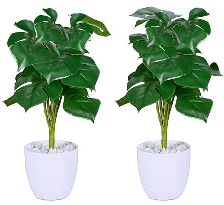 Relaxdays Konstväxt Monstera, uppsättning av 2 konstgjorda växter, i kruka, plastväxter, H x D: 33 x 20 cm, grön/vit
