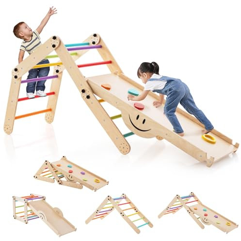 RELAX4LIFE All in 1 Set di Arrampicata con Scivolo per Bambini, Parco Giochi in Legno, Scala da Arrampicata Montessori Pieghevole per Bambini 1-5 Anni (Colorato)