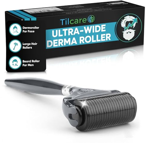 Tilcare - Derma Roller ultra largo per barba e capelli, 1 pezzo, sterile 1200 titanio microneedles titanio grado A, 0,25 mm - Bianco e nero