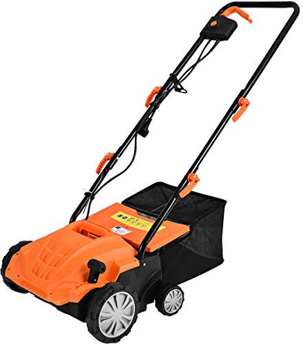 GOPLUS Escarificador Eléctrico 2 en 1, con Bolsa de Recogida de 30L/45L, Aireador de Césped con Altura Ajustable en 4 Niveles, 2 Cuchillas Extraíbles y Asa Plegable (30L,Naranja)