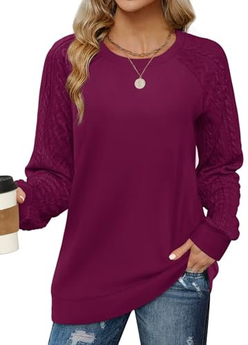 Aokosor Damen Pullover Rundhals Oversize Sweatshirt Elegant Herbst Winter Langarm Tops Oberteile Lila L