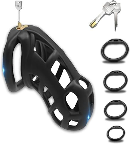 QgLust Peniskäfig Chastity Cage Männer mit 4 Penisringen, Keuschheitskäfig Herren Fetisch Chastity Belt Atmungsaktiv Cock Cage, Chastity Cage Sissy Peniskäfig Silikon Keuschheitsgürtel für Herren (L)