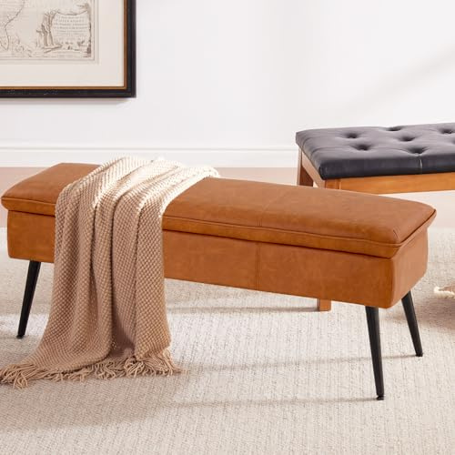 MILCIL Ottoman with Storage Bench, End of Bed Bench with Flipping Lid, Mid-Century Modern & Faux Leather with Stitching, Loads 660 lb, for Living Room, Bedroom, Entryway, Cognac Brown