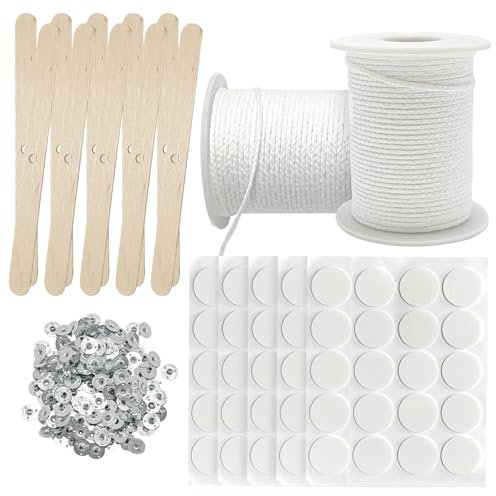 Xpieoyrm 122 m Kerzendocht Set, 2 Rollen Rauchfrei Kerzendochte für Kerzen mit 10 Stück Holzdochthalter, 100 Stück Aufkleber, 200 Metallbasis, Kerzen Selber Machen Set, für Duftkerzen und Öllampen