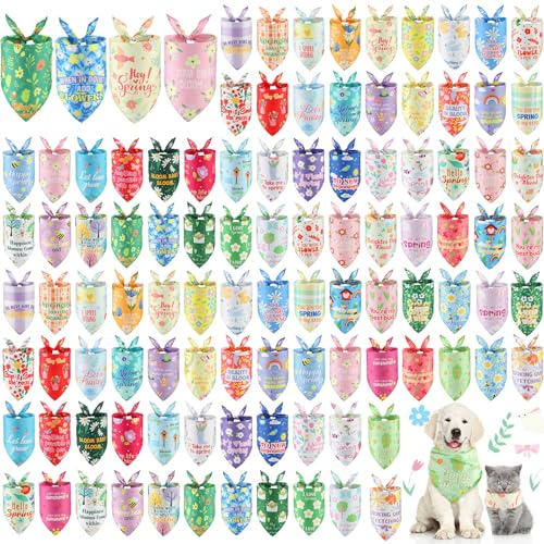 Sweetude 100 Pcs Plaid Dog Bandanas Bulk Paw Print Dog Scarf Bibs Puppy Pet Bandanas with Captions Adjustable Cat Outfit Washable Triangle Scarf Kerchief for Small to Medium(Spring)