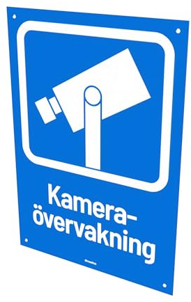 Nosico, Kameraövervakningsskylt, Aluminium 1,5 mm, 1-pack, Svenska, Varningsskylt för Bevakning, Förborrade Skruvhål, Olika Färger och Storlekar (Blå/Vit, 29,7(L) x 21,0(B) cm)