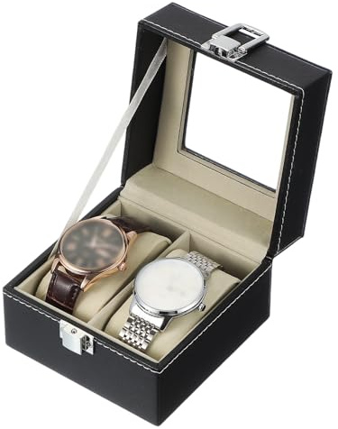 sourcing map Boîte de rangement à montres à 2 emplacements pour homme avec couvercle en verre, boîte à montres en bois avec coussin de montre amovible, noir/beige