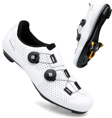 Feyenold Chaussures de vélo pour Hommes &Femmes compatibles SPD-SL Pedal,Compatible l'installation SPD/Look KEO Cleats Lock Triangle White 42 EU