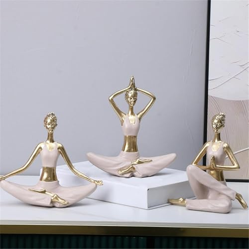 Marimor Heimdekoration skulpturen 3er, Statue Sammlerstück, skulptur Wohnzimmer, statuen skulpturen, Statue Regal, skulptur groß, Akzentkunst Frau Yoga skulptur (Gold und Weiß)