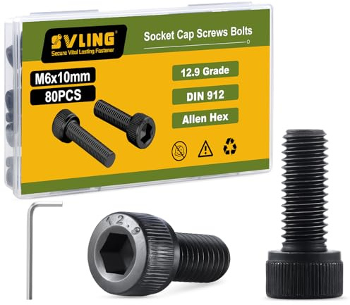SVLING M6-1.0 x 10mm Bolt, 80PCS M6 Hex Socket Head Cap Screws Bolts, 12.9 Grade Alloy Steel, Full Threads, Allen Socket Drive, with Hex Spanner