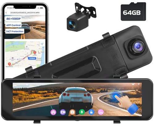 Hikity 2 Canali WIFI Dashcam da Retrovisore,4K Anteriore e 1080P Posteriore con Touchscreen 10,8'',con GPS/BSD/G-Sensore/rEgistrazione in loop/Visione Notturna/Assistente Retromarcia/Scheda 64GB