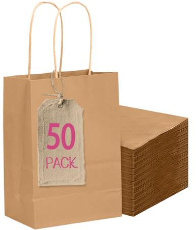 Gcardist Lot de 50 mini sacs cadeaux en papier marron avec anses - Sacs cadeaux de fête pour de nombreuses utilisations - 12 x 6 x 15 cm