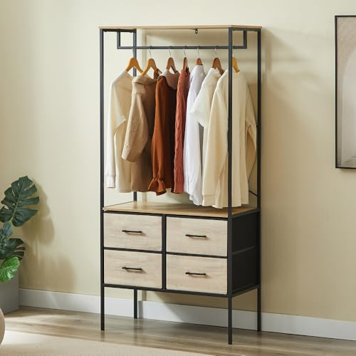 CASABEL Armario Abierto para Ropa 80×40×167 cm con 4 cajones de Tela rígida, cómoda compacta para Dormitorio o recibidor, Estructura de Metal Negro y Tablero de Madera