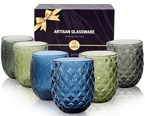 Vessyn Färgade dricksglas, 6-pack, 370 ml vattenglas i naturdesign, bladvågreliefmönster, diskmaskinssäkra solida glaskopp för juice, cocktails, öl, blandade färger