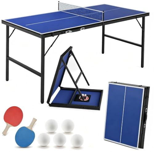 YRHome Mesa de ping pong de 152,5 x 76 x 71 cm, plegable, diseño de maletín, juego de 5 pelotas de ping pong y red para casa, oficina y terraza, color azul