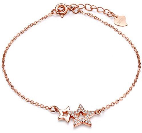 Pulsera con diseño de doble estrella de Infinite U, plata de ley 925 con circonias cúbicas, cadena de extensión ajustable, color oro rosado