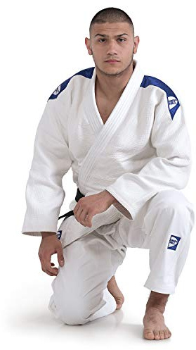 GREEN HILL JUDOGI Semi Competition Advanced 630g/m2 Judo GI Kimono Bianco Blu (150 Slimfit, Bianco Banda Blu)