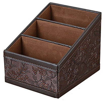 Senmubery Caja de almacenamiento retro de piel sintética para cosméticos, con mando a distancia, soporte para , organizador de mesa para el hogar y la oficina