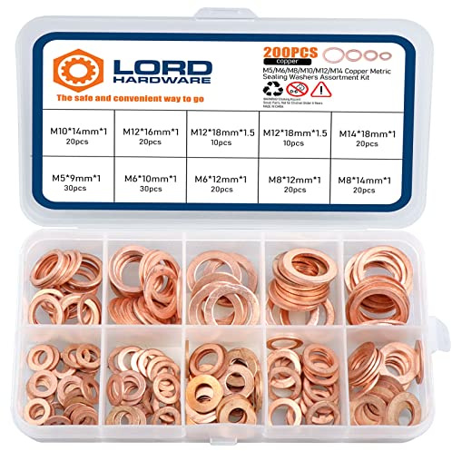 200 arandelas de sellado métricas de cobre surtido, kit de arandelas planas M5 M6 M8 M10 M12 M14 (9 tamaños)
