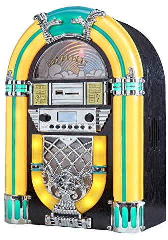 Arkrocket Athena - Mini jukebox/lettore CD/altoparlante Bluetooth/radio/USB e lettore SD Card con sistema di illuminazione a LED retrò